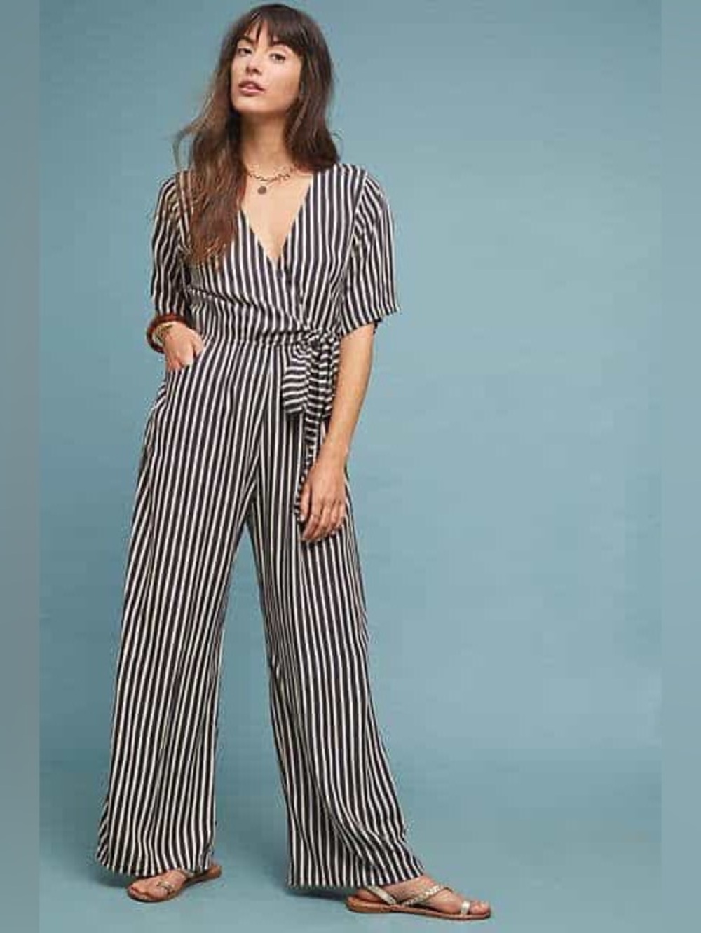 Anthropologie BEACHGOLD Black & White Vertical Stripe Wrap Jumpsuit XS